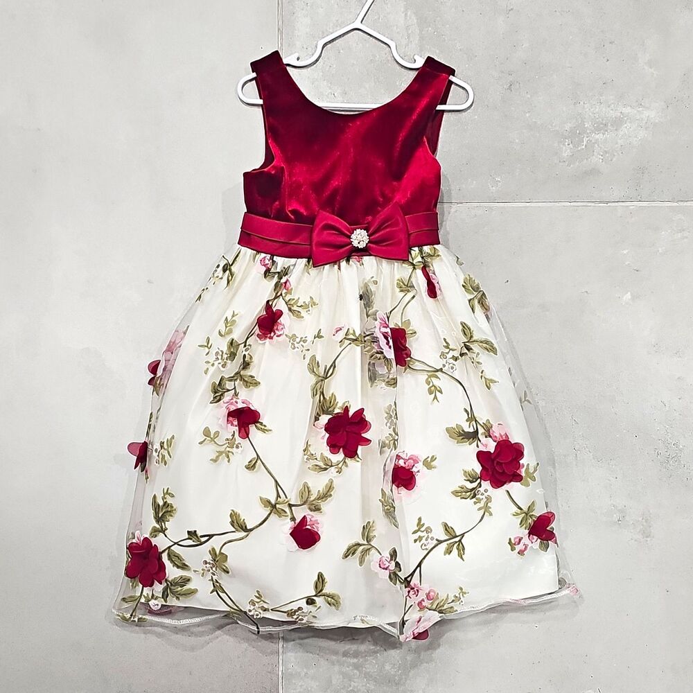 Couture Princess Girls 6X/7 Burgundy & Flare V-Neck Floral Bow Zip Holiday Dress